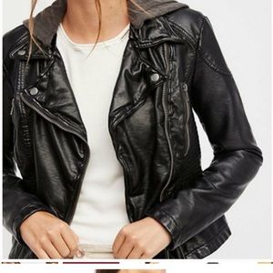 Free People Black Pleather Jacket with hoodie